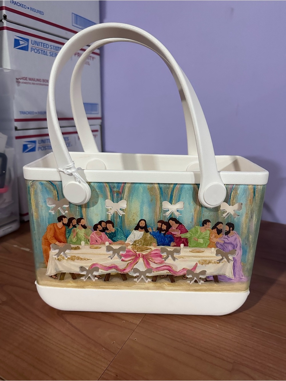 White Tote Bag with Colorful Last Supper Artwork